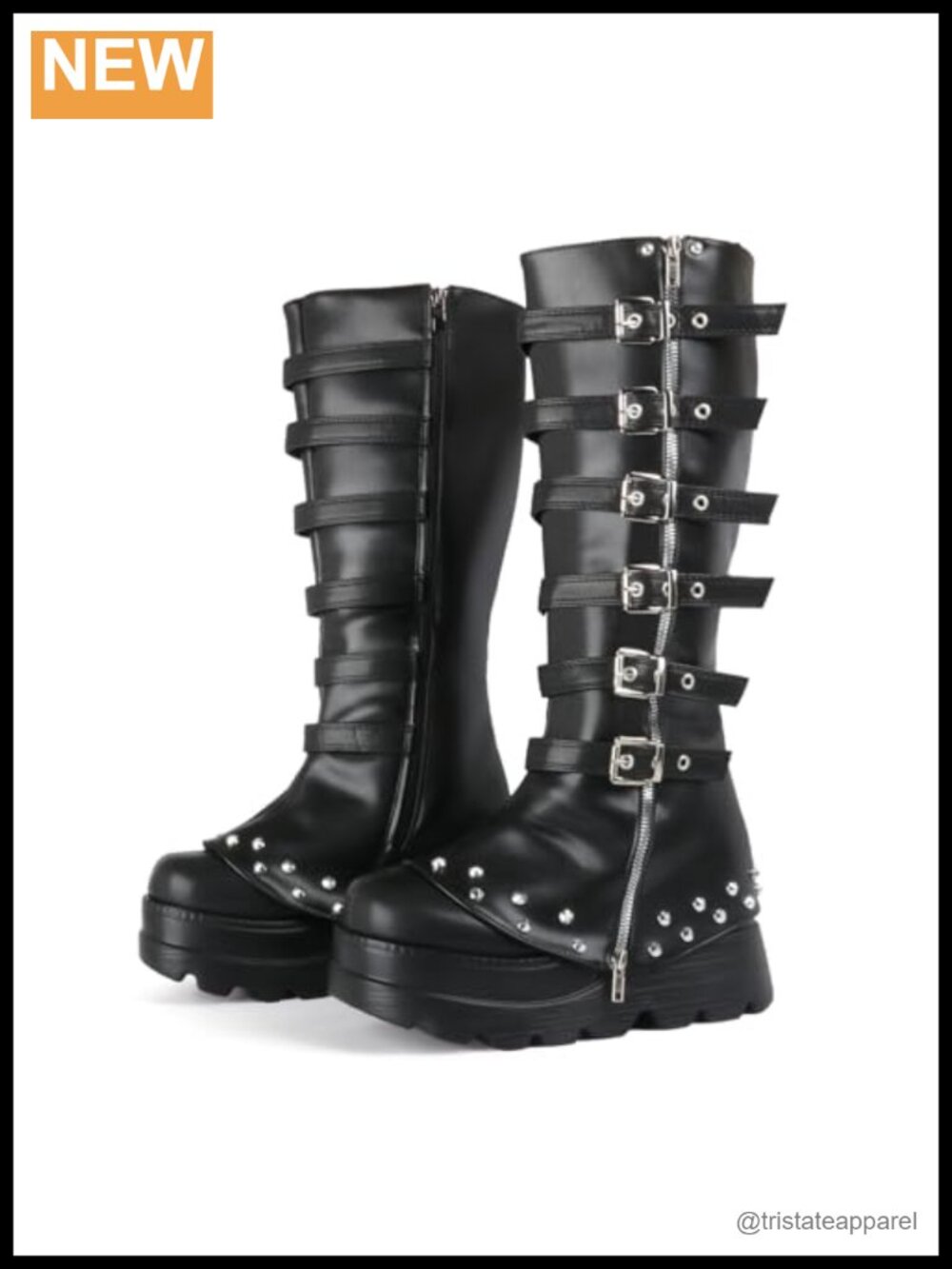 Chunky Heel Goth Knee High Platform Boots with Buckle Straps and Zipper